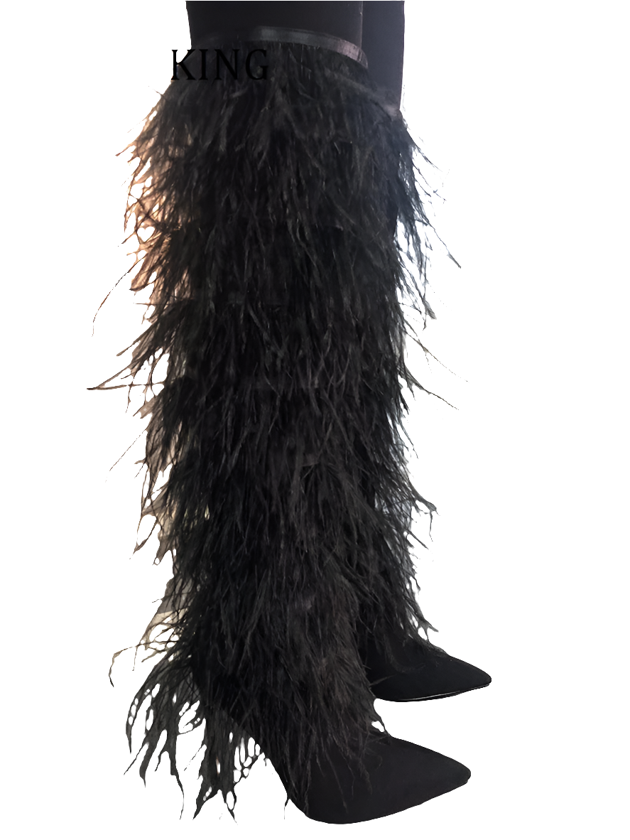 Faux Ostrich Feather Fur Pointed Toe Stiletto Heel Over-The-Knee Boots