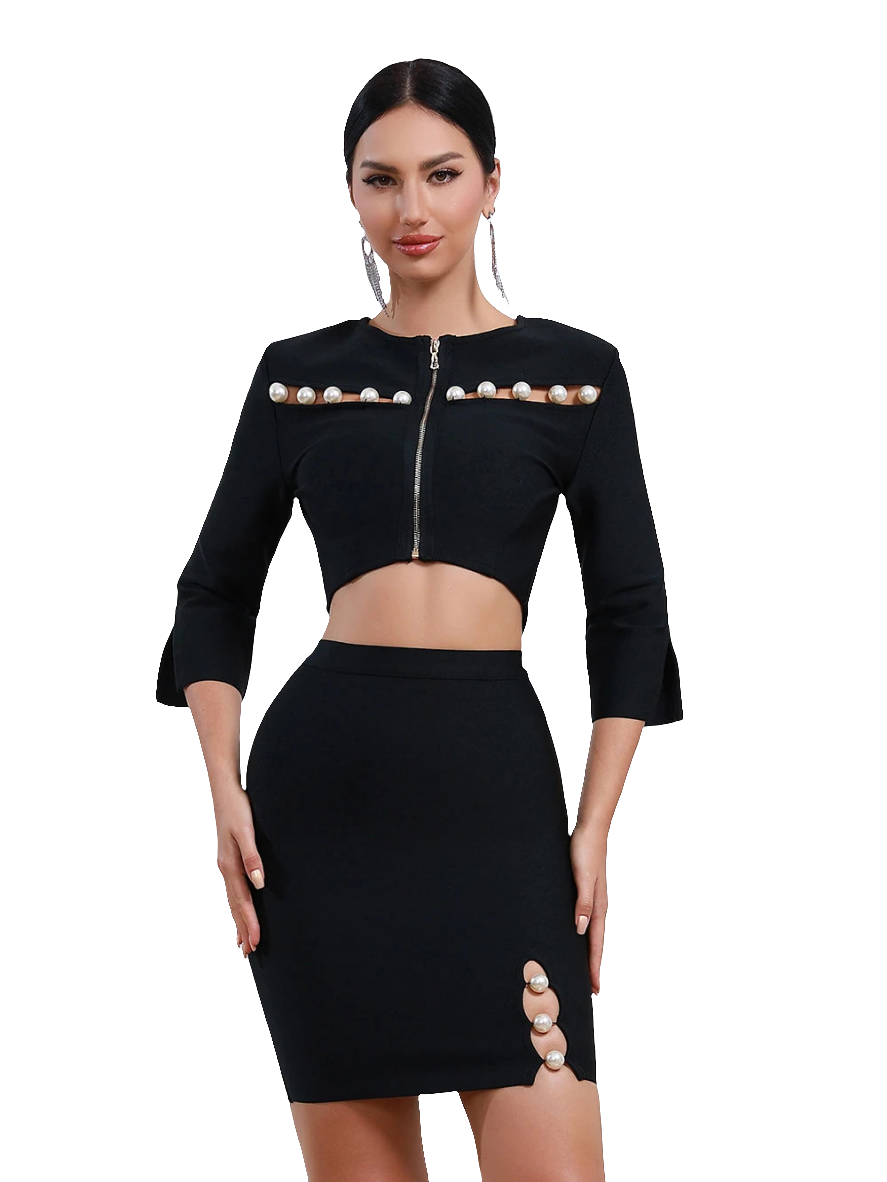 Pearl Embellished Black Bandage O-Neck 3/4 Sleeve Zipper Cropped Blazer + Skinny Fit Skirt Women's Suit