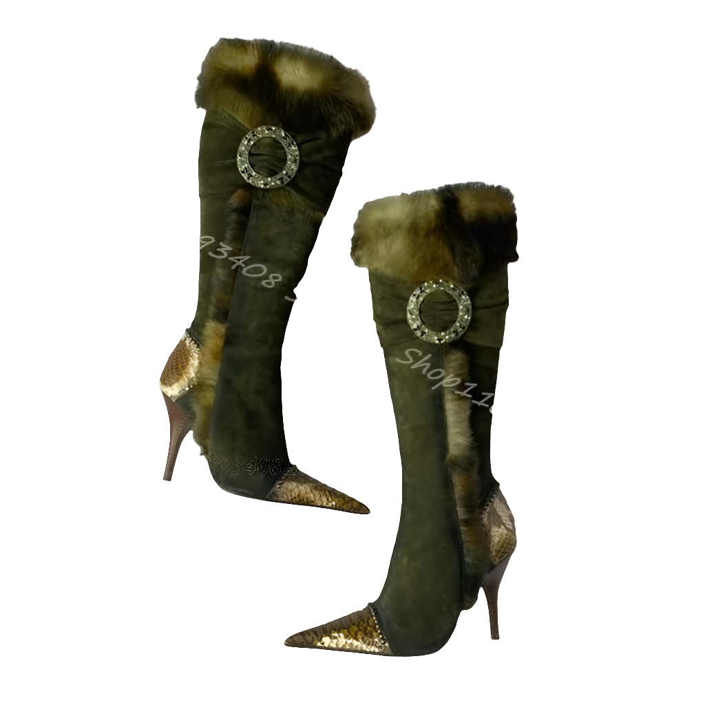 Camoflauge Fur Decor Patchwork Design Side Zipper Pointed Toe Stiletto Heel Women's Boots