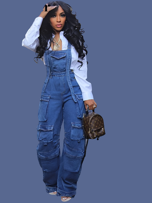 Denim Blue Women's Cargo Multi-Pocket Sleeveless Overall Jean Jumpsuit