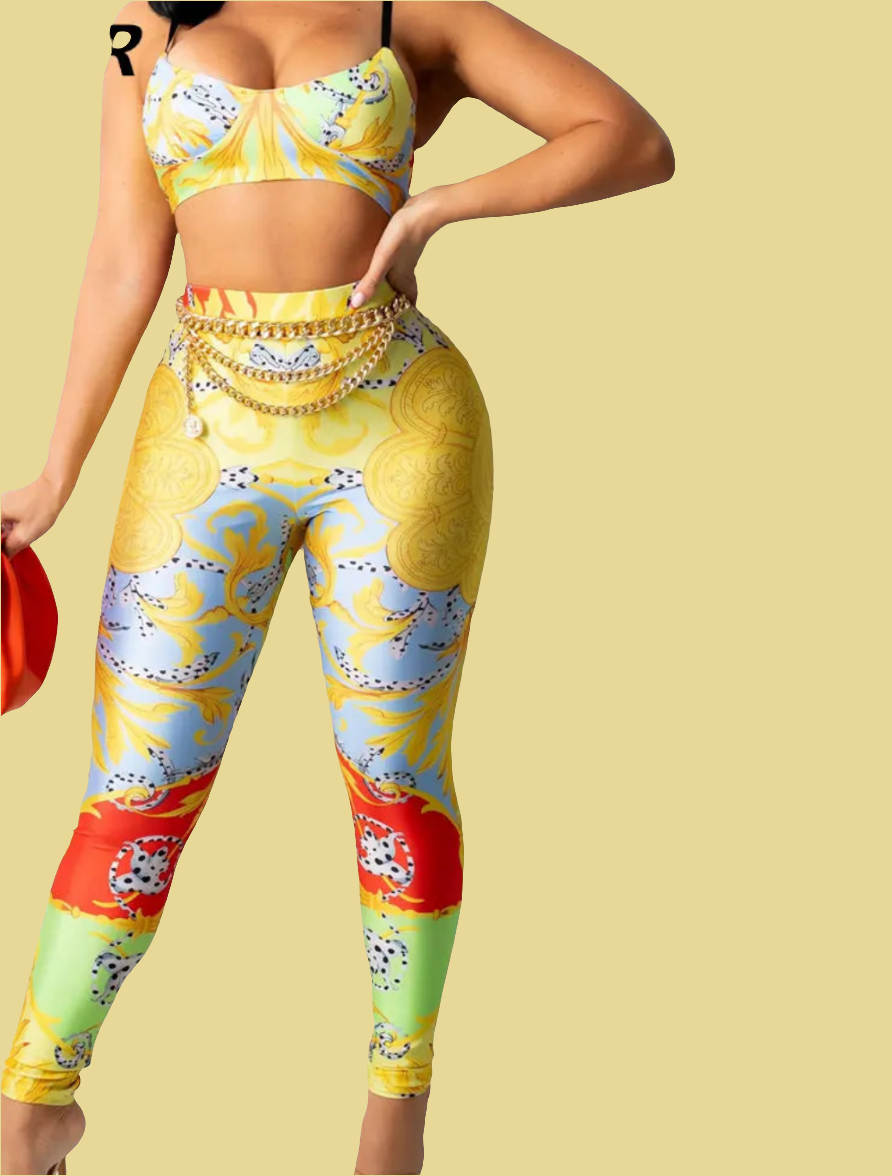 Starfish Print Sleeveless Crop Top + Skinny Spandex Fitness Leggings 2-Piece Set