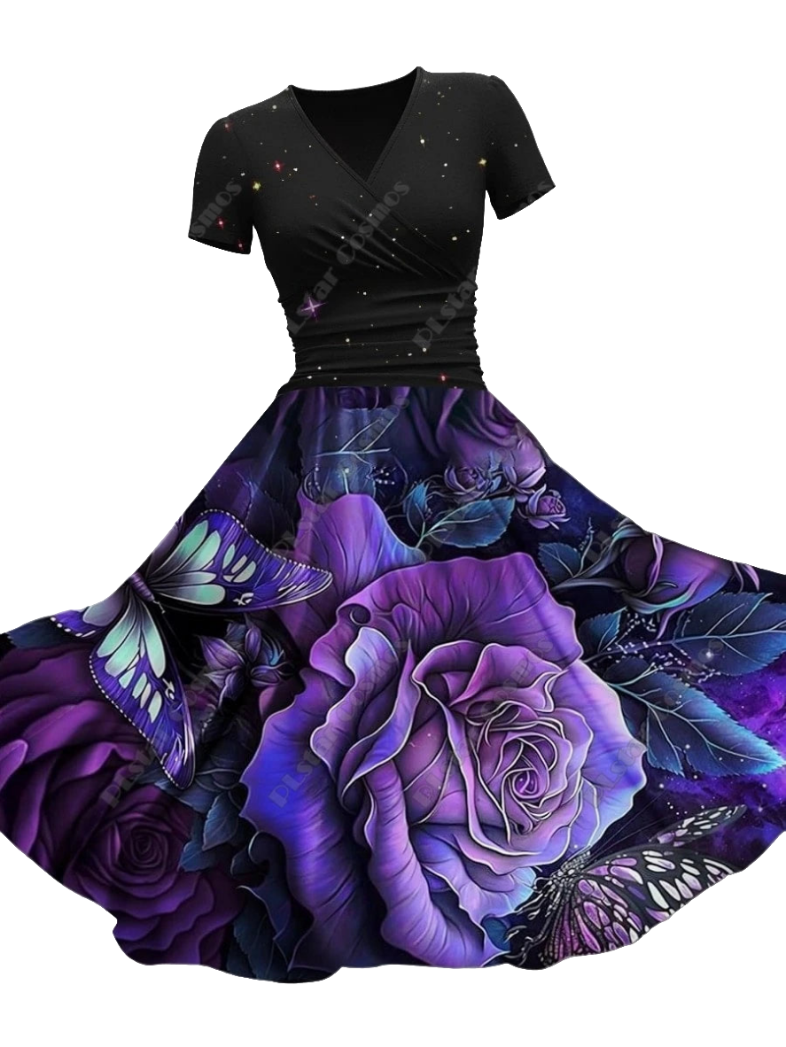 Rainbow Gradient Colorblock/Floral 3D Printed V-Neck Short Sleeve Flared Midi Dress