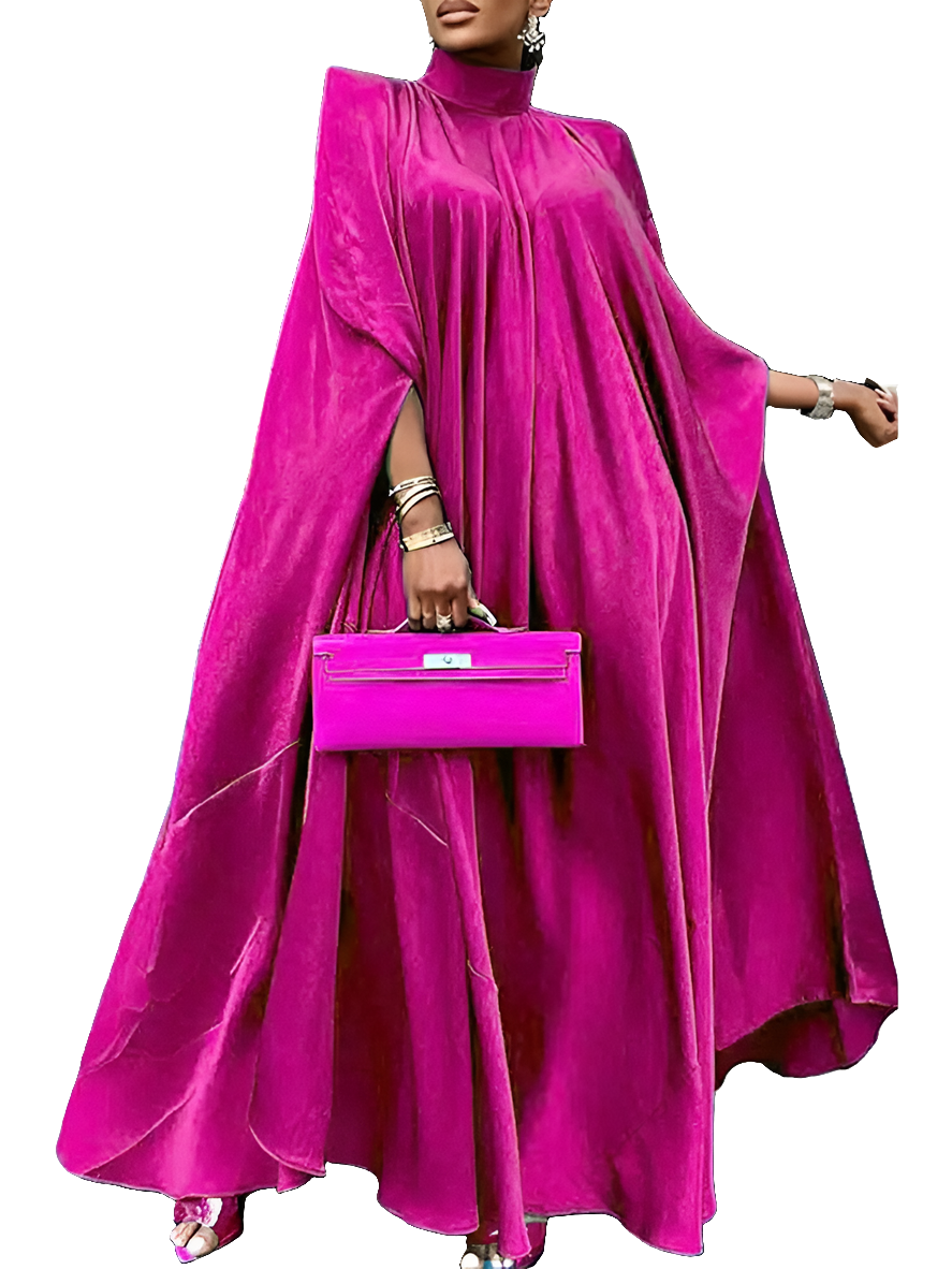 Satin Oversized Solid Pleated Stand Collar Long Batwing Sleeve Formal Maxi Sundress