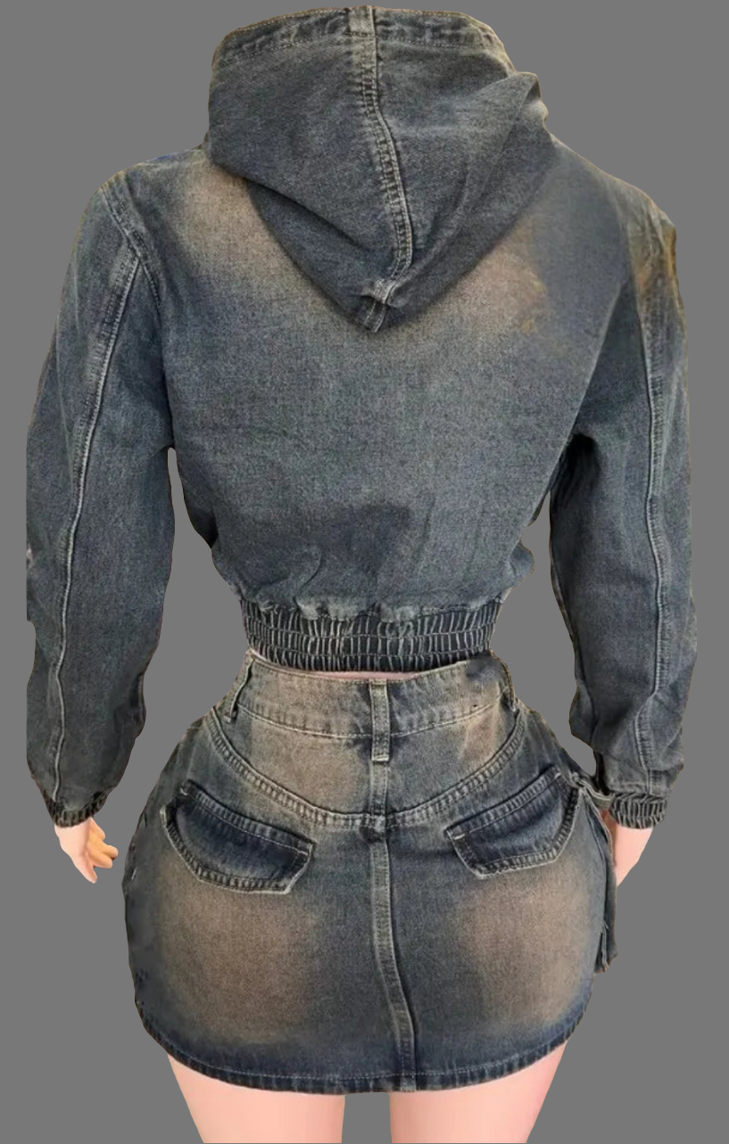 Retro Denim Women's Cargo Pocketed Patchwork Zipper Jacket + Streetwear Mini Jean Skirt 2-Piece Set