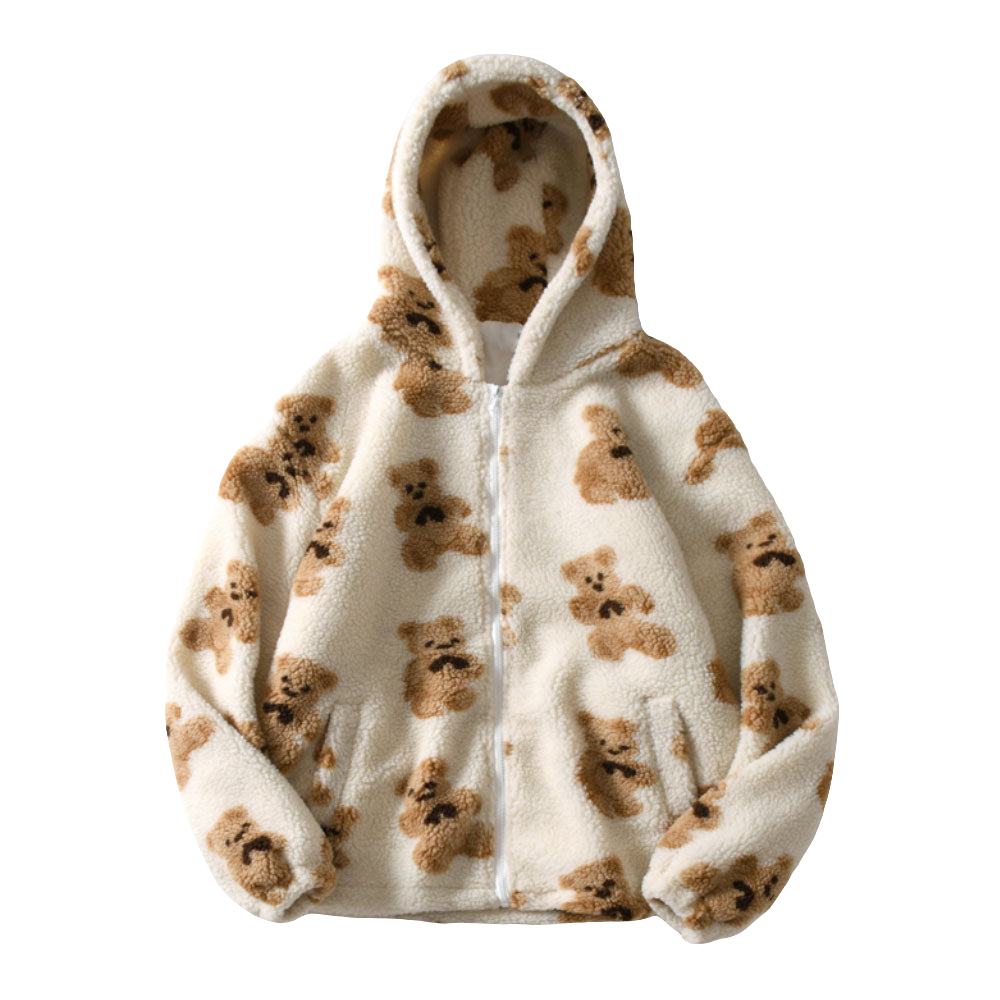 Men's Fleece Teddy Bear Print Fleece Zipper Hoodie Jacket