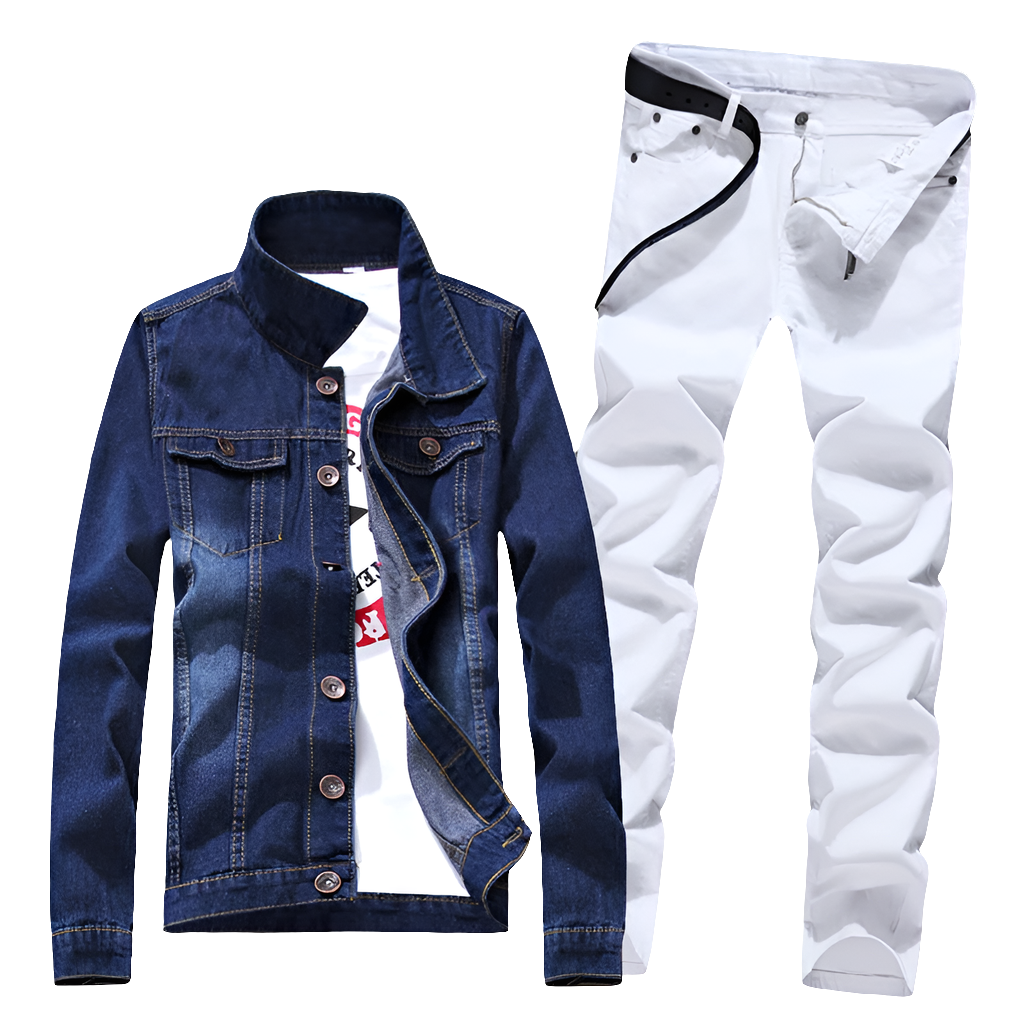 Men's Denim Slim Fit Long Sleeve Jean Jacket + Ruched Skinny Jeans 2-Piece Set