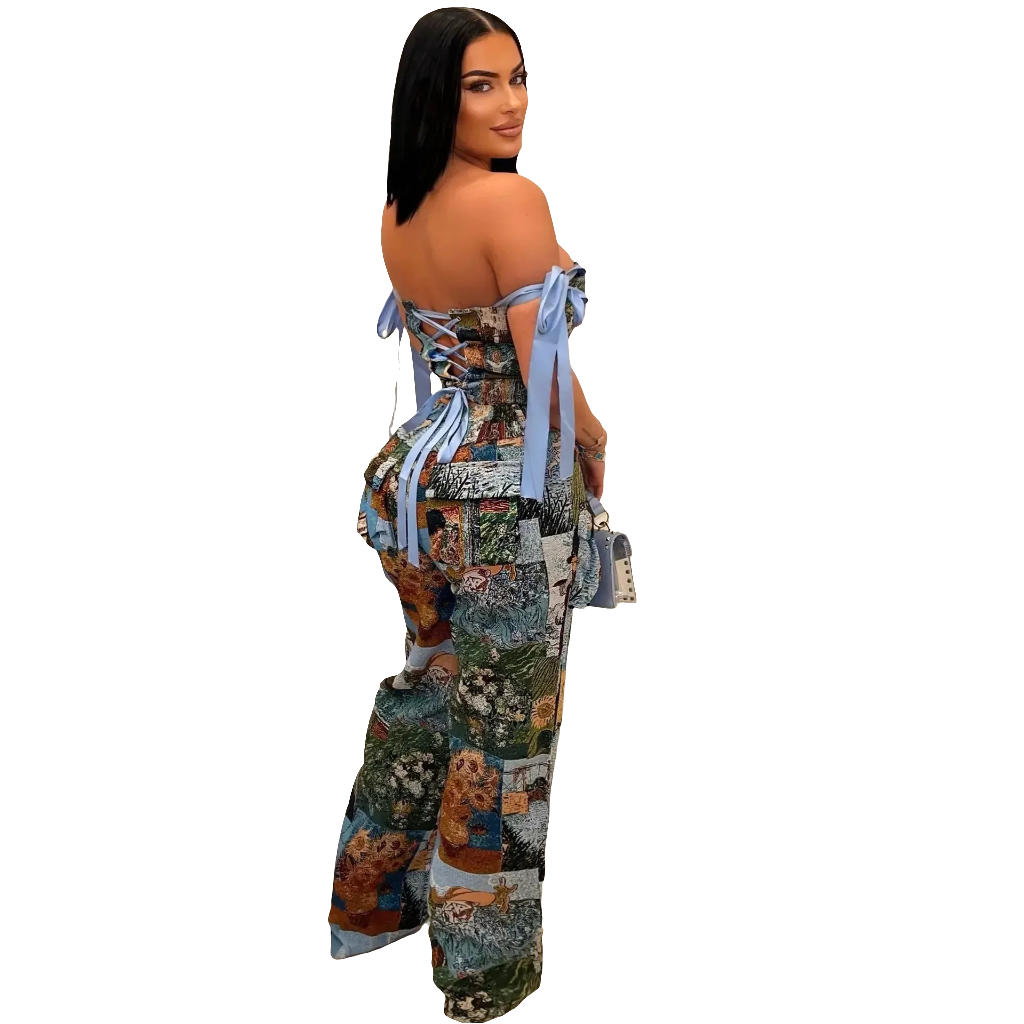 Petal Sleeve Abstract Oil Paint Printed Women's Lace-Up Backless Crop Top + Pants 2-Piece Set