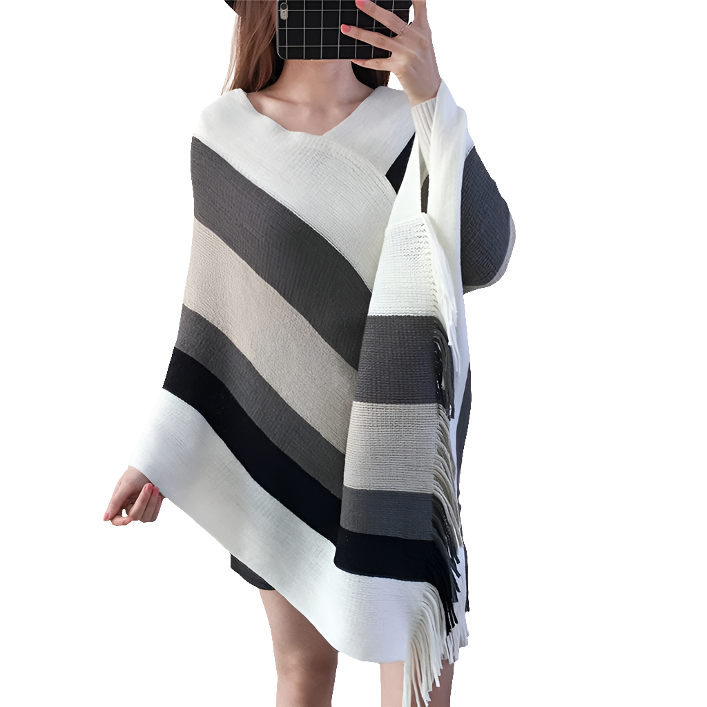 Striped Plaid Blanket Knit Wrap Cashmere Poncho Shawl