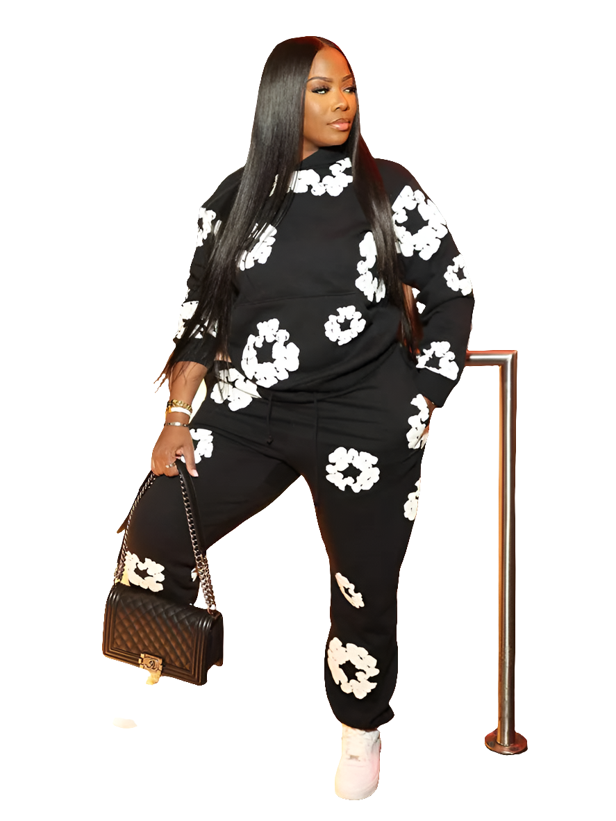 White Flower Print Long Sleeve Women's Hoodie Sweatshirt + Elastic Waist Loose Pants Tracksuit