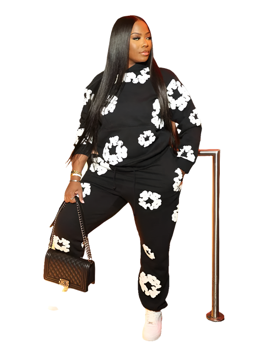 White Flower Print Long Sleeve Women's Hoodie Sweatshirt + Elastic Waist Loose Pants Tracksuit