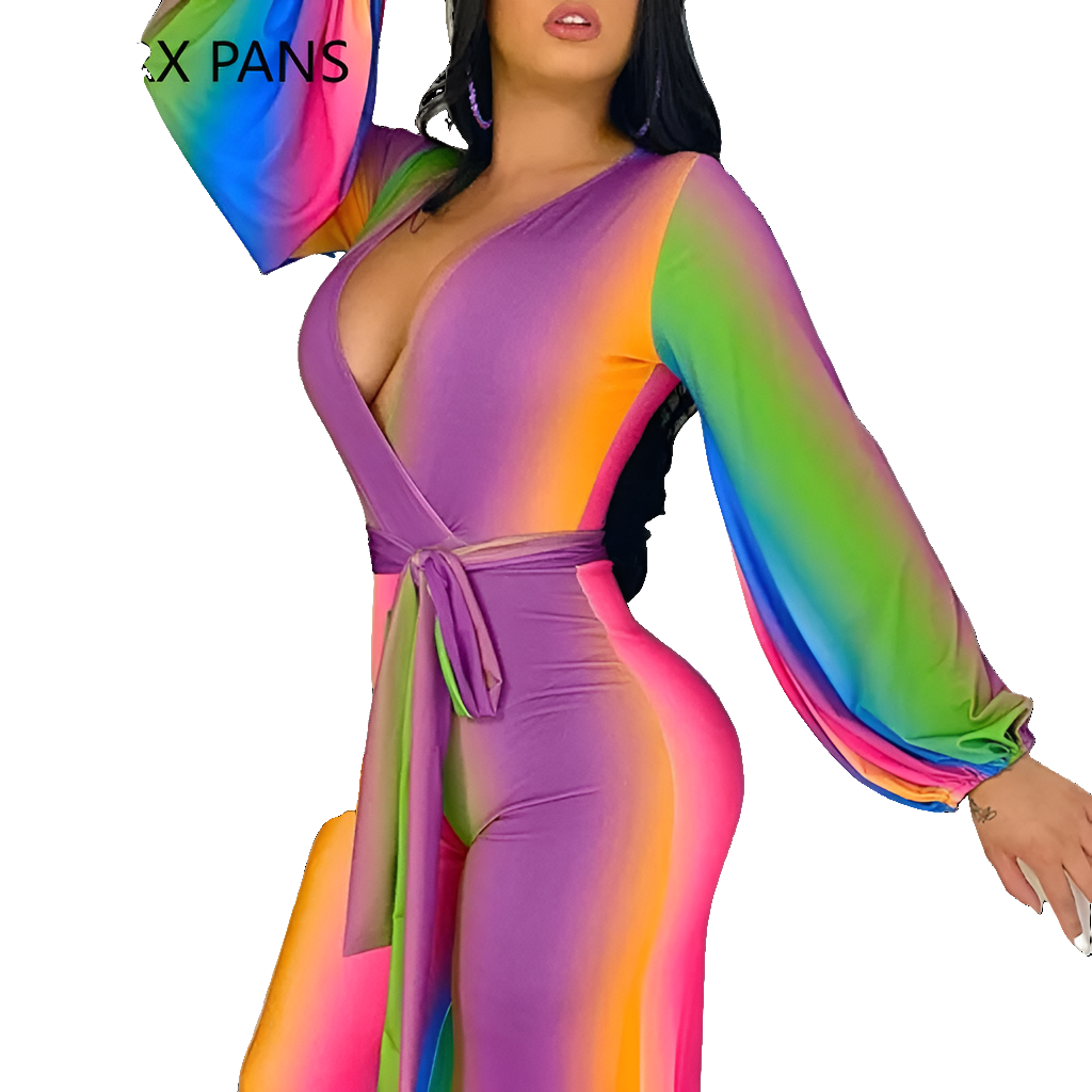 Rainbow Ombre Colorblock Long Sleeve Sash Belt Jumpsuit