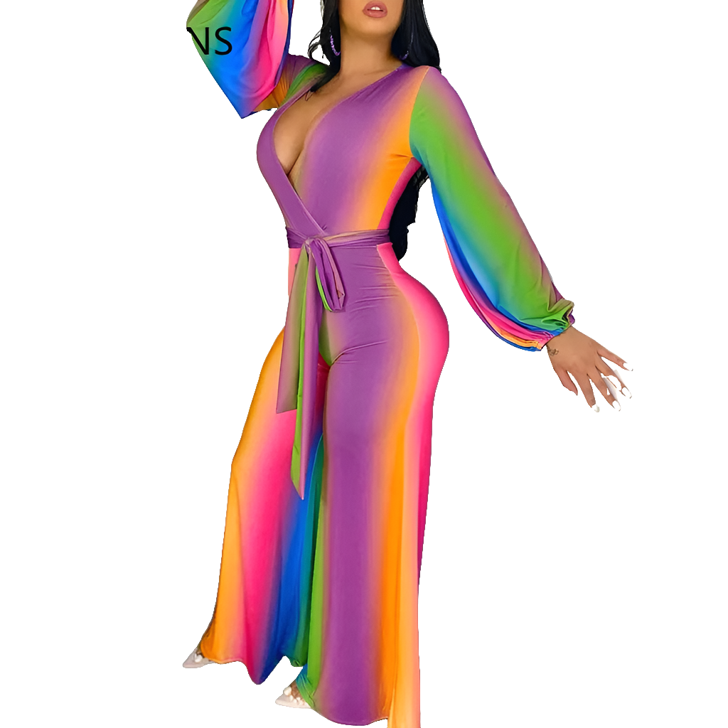 Rainbow Ombre Colorblock Long Sleeve Sash Belt Jumpsuit