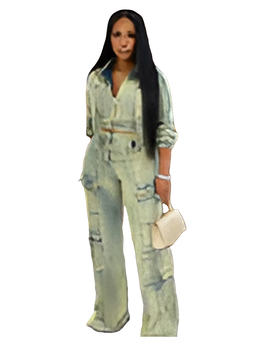 Stretch Faded Denim Women's Long Sleeve Zipper Jean Jacket + Cargo Multi-Pocket Straight Denim Jeans 2-Piece Set