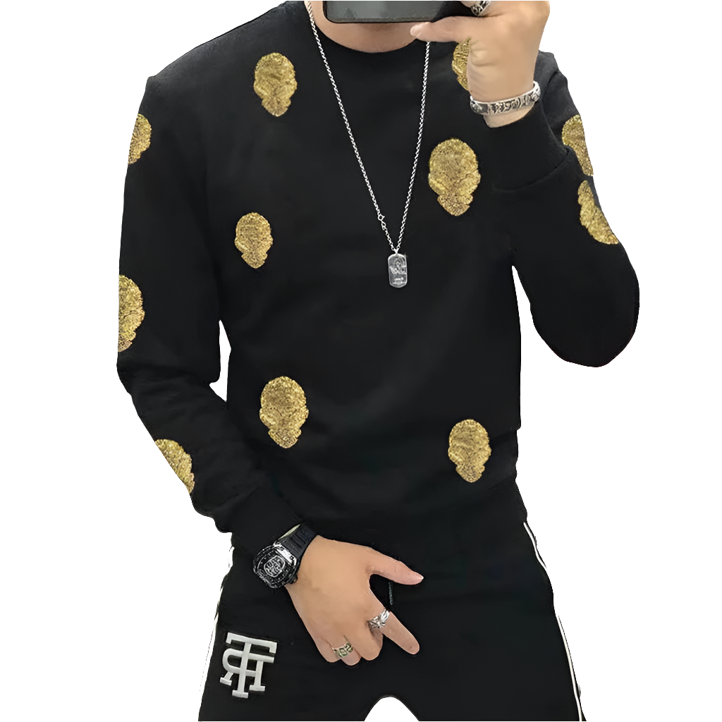 Men's Rhinestone Skull Print Pullover Long Sleeve Round Neck Fleece Sweatshirt