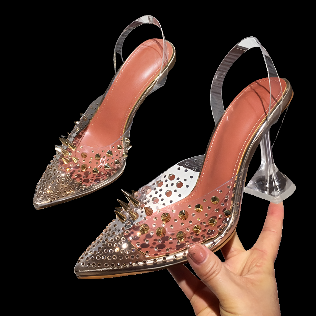 Crystal Rivet Rhinestone Stud Design Clear PVC Transparent Pointed Toe Slingback Spike Heel Pumps