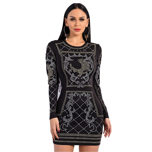 Black Metallic Rhinestone Sequin O-Neck Long-Sleeved Mini Dress