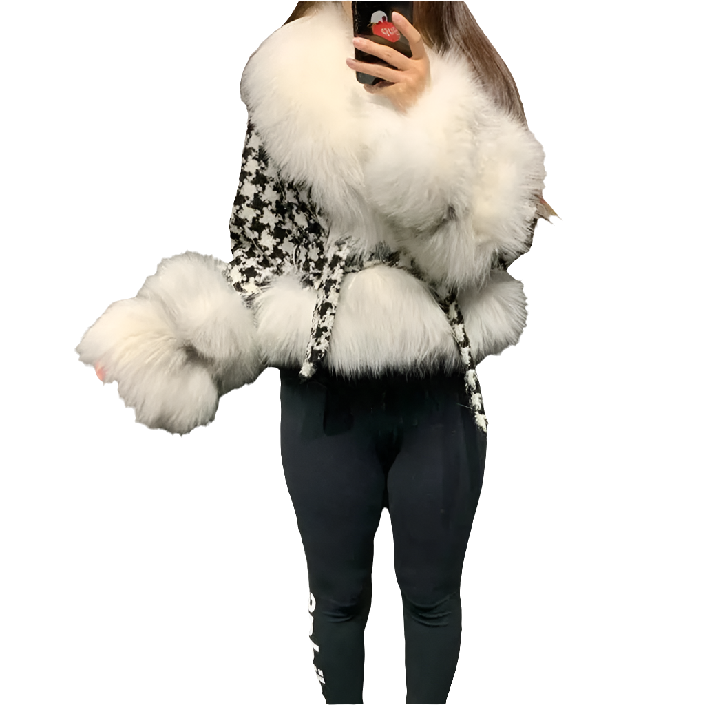 Faux Fur Collar Women's Houndstooth Jacket w/ Sash Belt