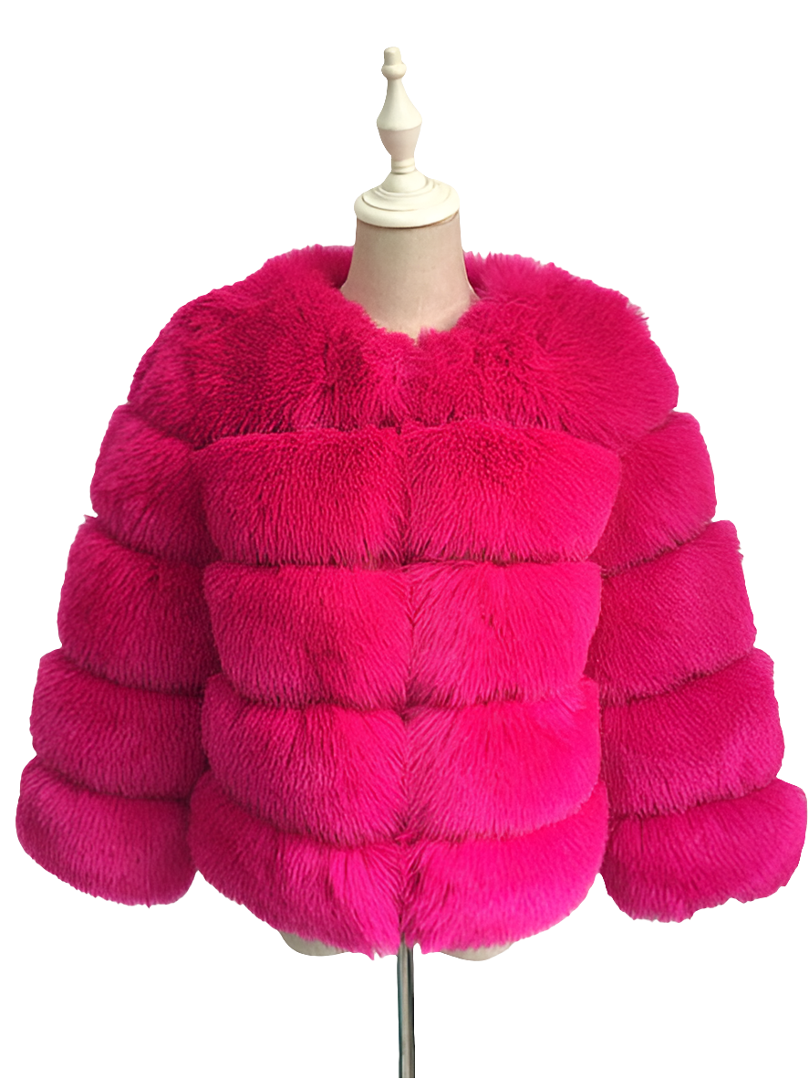 Vintage Solid Faux Mink Fur Ribbed O-Neck Patchwork Women's Jacket to 3X Plus Size