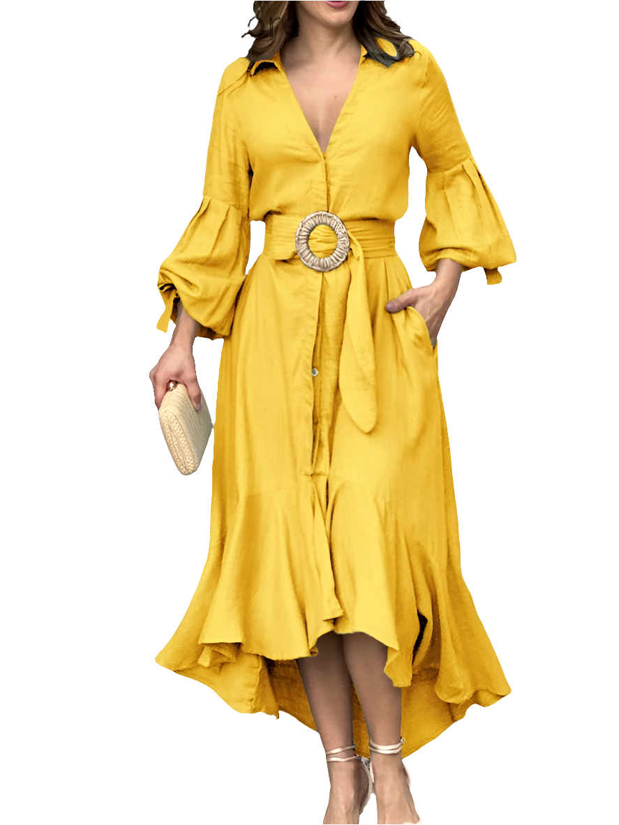 Ruffled Hem Lantern Long Sleeve Pocketed Design Belted Maxi Dress