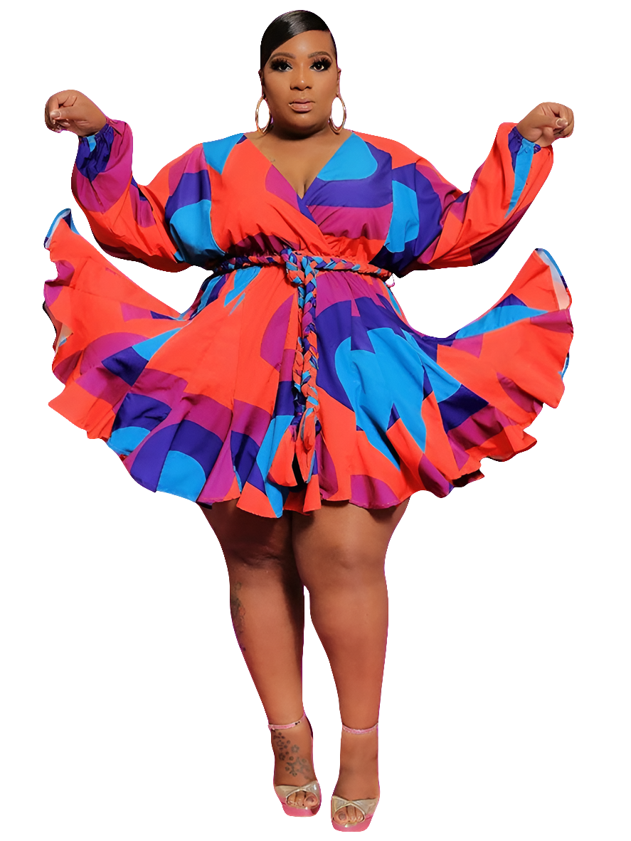 Geometric Multi-Colored Print Long Sleeve Bodycon  Pleated V-Neck Mini Dress w/Sash Belt to 5X Plus Size