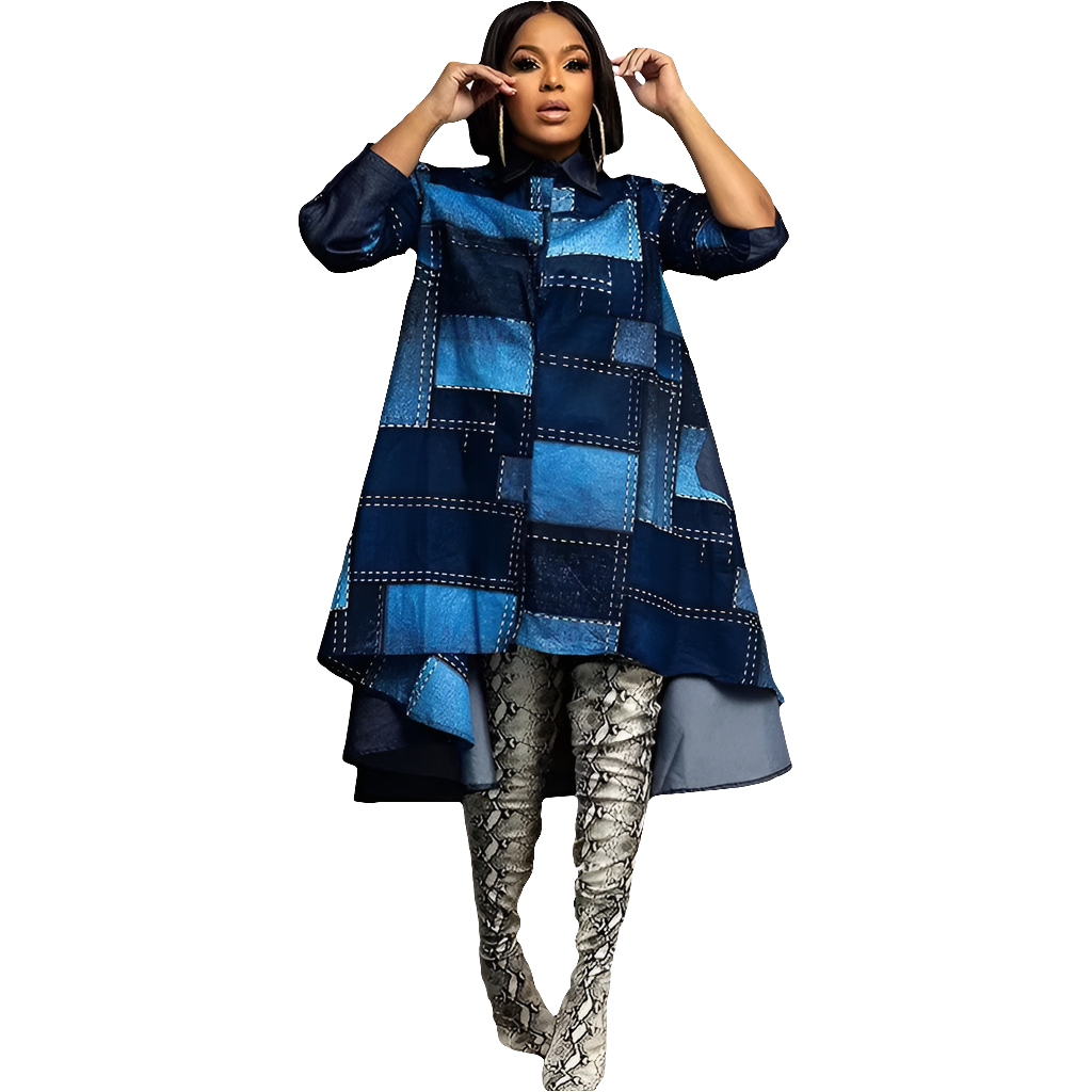 Blue/Black Women's Colorblock Loose Patchwork Single Breasted Maxi Blouse + Baggy Pants 2-Piece Set to 3X Plus Size