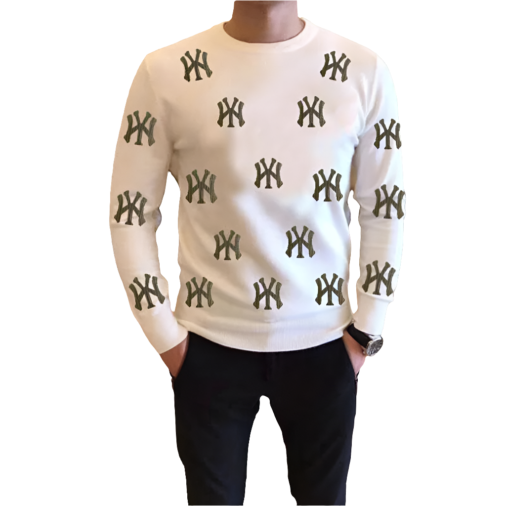 Men's Hip-Hop NY Symbol Hot Drill Rhinestone Design Long Sleeve O-Neck Pullover Knitted Wool Sweater