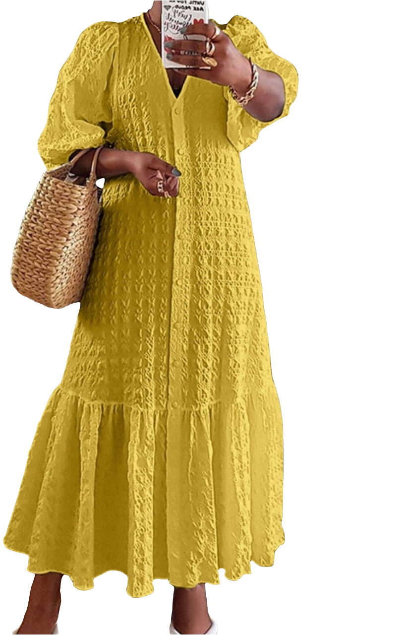 Ruffled Hem Bohemian Button Front Solid Color V-Neck Puff 1/2 Sleeve Maxi Shirt Dress to 5X Plus Size