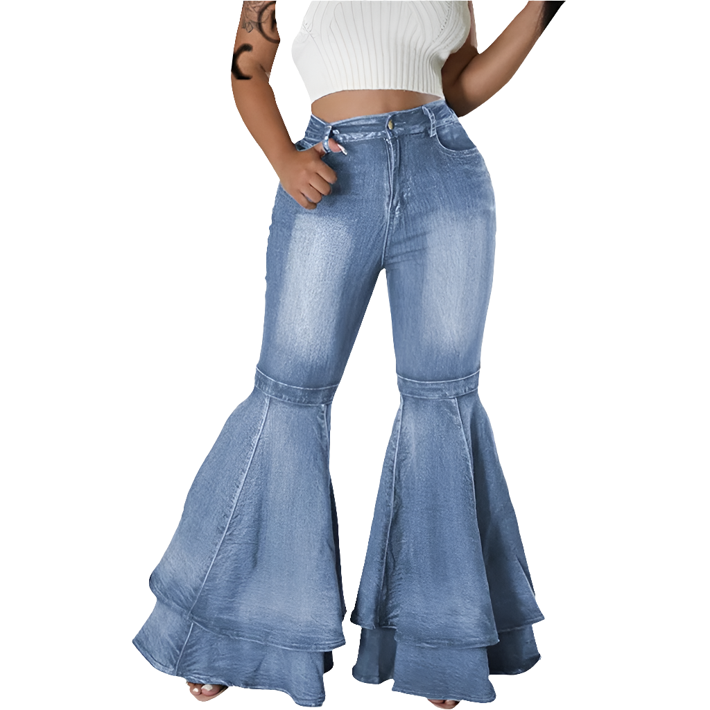 Denim Spliced Layered Flared Women's Stretch Bootcut Wide Leg Bellbottom Jeans