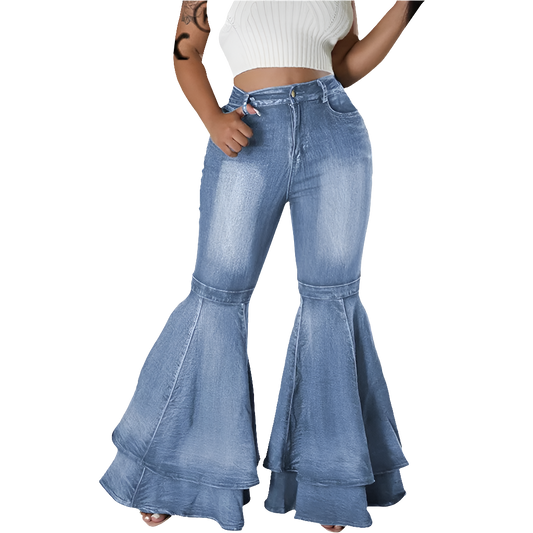 Denim Spliced Layered Flared Women's Stretch Bootcut Wide Leg Bellbottom Jeans