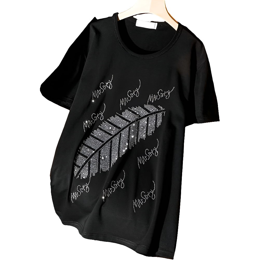 Metallic Glitter Rhinestone Printed Black O-Neck Short Sleeve Women's T-Shirt