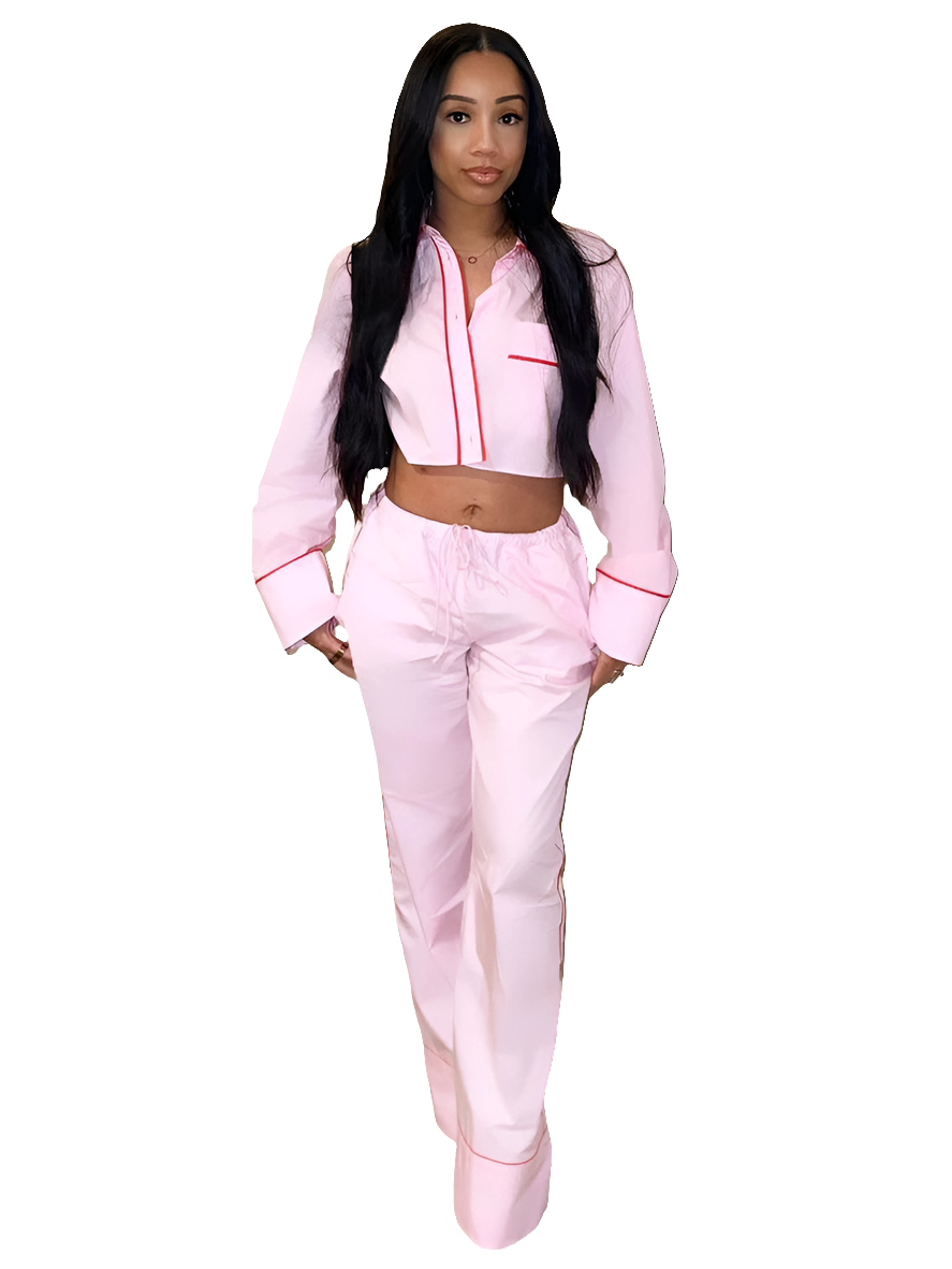 Pink Turn-Down Collar Long Sleeves Single Breasted Women's Crop Blazer Jacket + Mid-Waist Lace-Up Wide Leg Pants 2-Piece Set