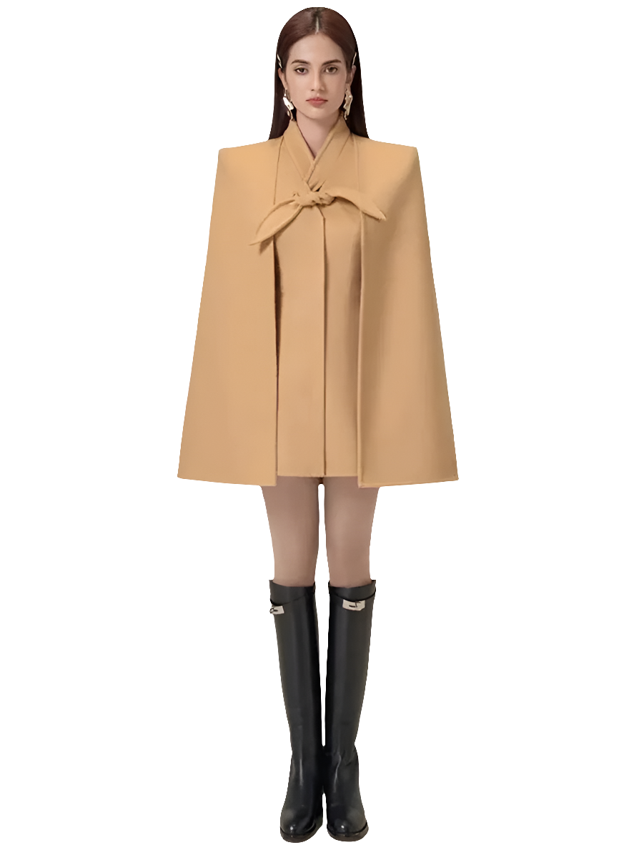 Wool Women's Cape Stand Collar Single Button Cape Style Cloak Coat