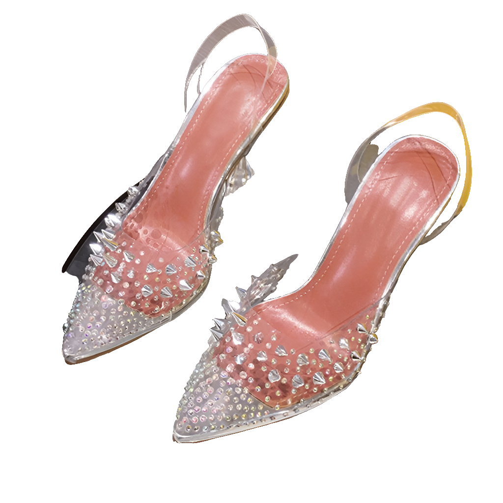 Crystal Rivet Rhinestone Stud Design Clear PVC Transparent Pointed Toe Slingback Spike Heel Pumps