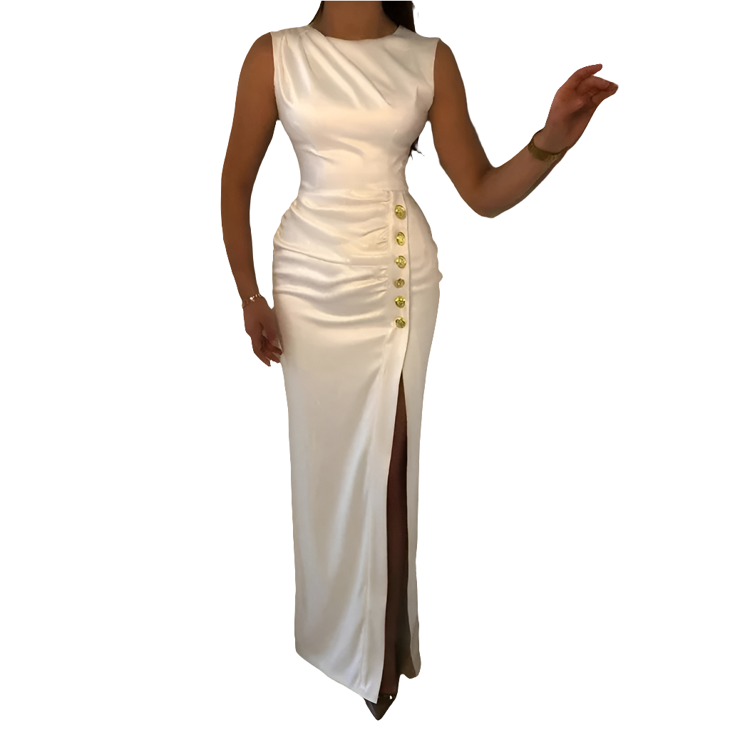 Satin Sleeveless Ruched White Solid Color Gold Button Design High Slit Halter Formal Maxi Dress