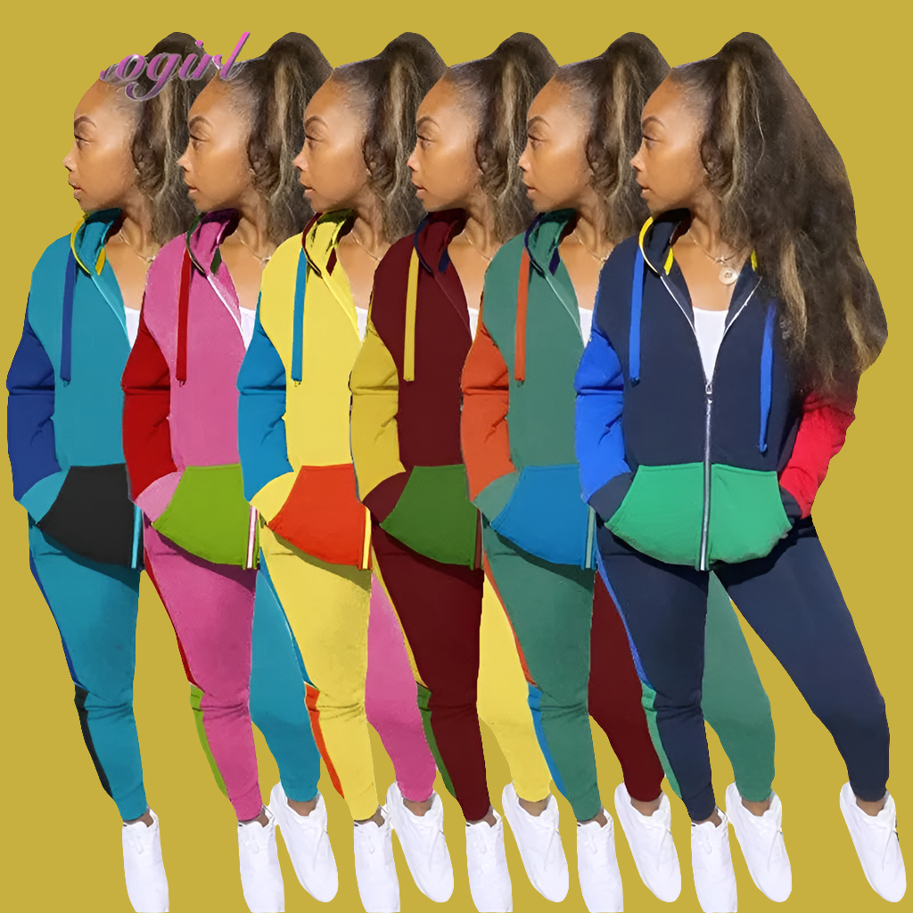 Colorblock Patchwork Women Casual Long Sleeve Zipper Hoodie Jacket + Sweatpants Tracksuit