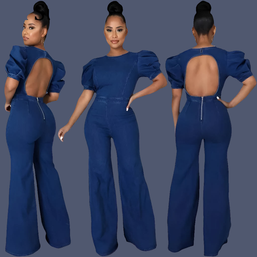 Denim Short Puff Sleeve O-Neck High Waist Hollow-Out Flared Pant Jean Jumpsuit to 3X Plus Size