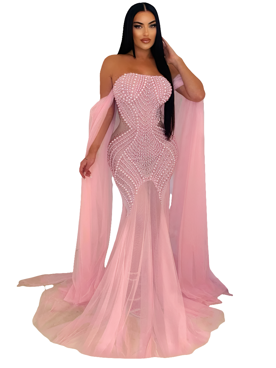 Pearl Strapless Tube Mesh Transparent  Backless Maxi Party Evening Mermaid Dress