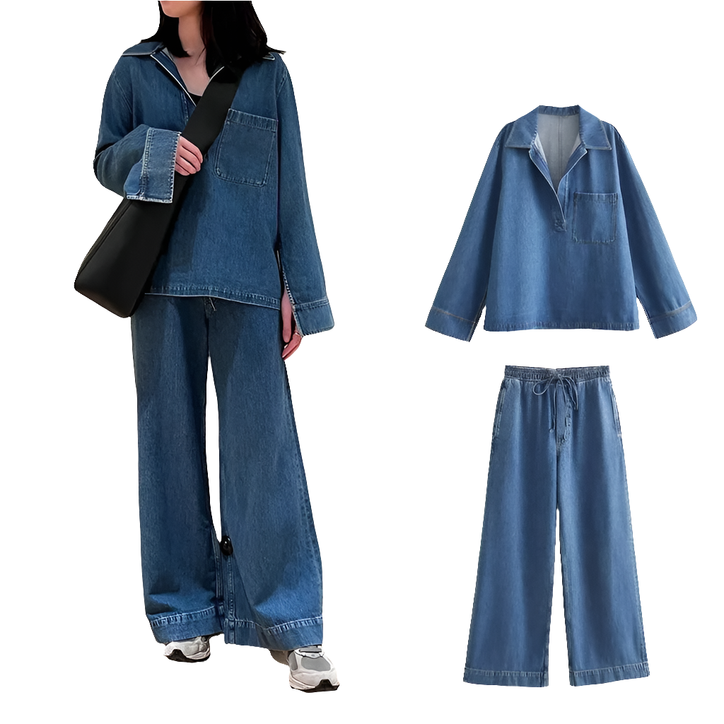 Baggy Denim Women's Long Sleeve Pullover Blouse + Drawstring Wide Leg Jeans 2-Piece Sets