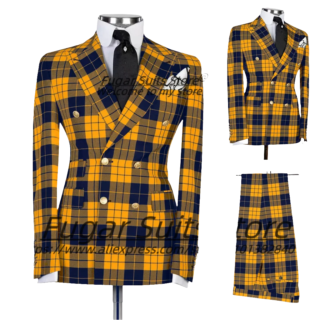 Men's British Plaid Gold Button Detail Double Breasted Tuxedo Blazer Jacket + Pants Formal Prom/Party/Wedding Suit