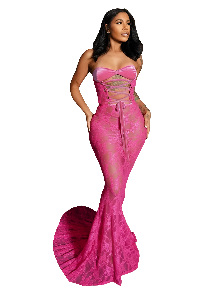 Fishtail Mesh Lace Patchwork Strapless Shirring Hollow-Out Bodycon Maxi Formal Party/Prom Trumpet Mermaid Dress