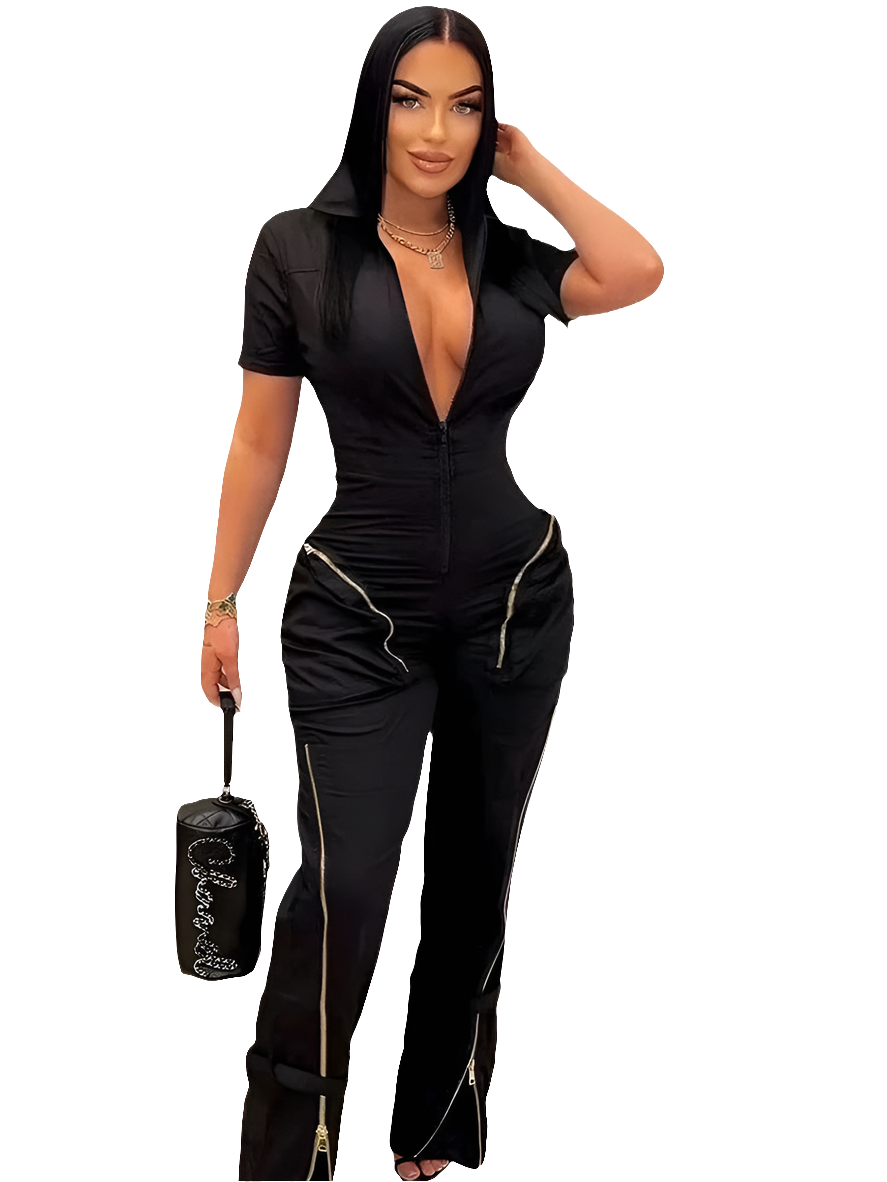 Patchwork Deep V-Neck Zipper Short Sleeve Pocket Women's Cargo Overall Streetwear Jumpsuit