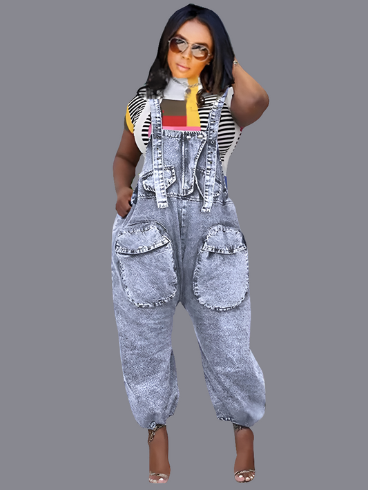 Women's Denim Cargo Pocketed Wide Leg Streetwear Overalls Jeans Jumpsuit