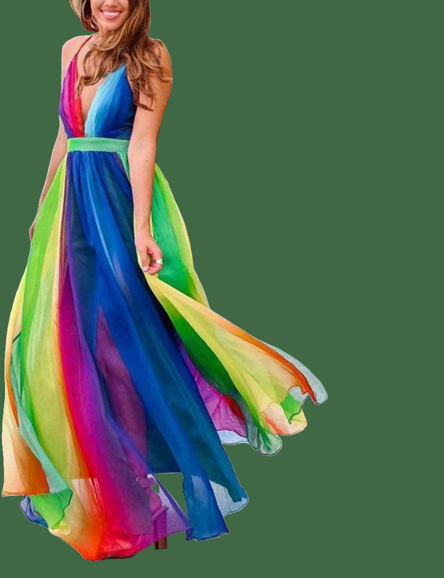 Chiffon Rainbow Colorblock Striped Mesh Spaghetti Strap V-Neck Maxi Dress