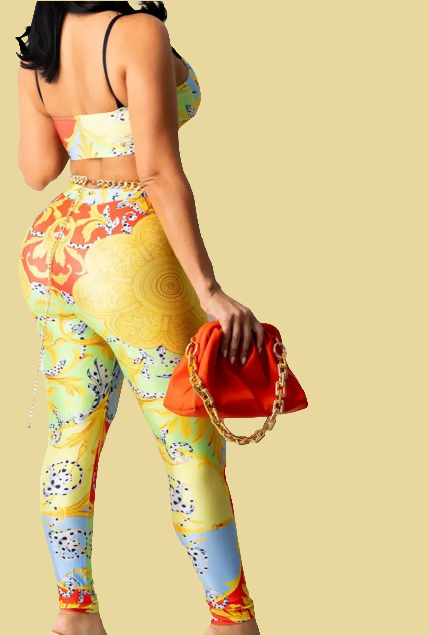 Starfish Print Sleeveless Crop Top + Skinny Spandex Fitness Leggings 2-Piece Set