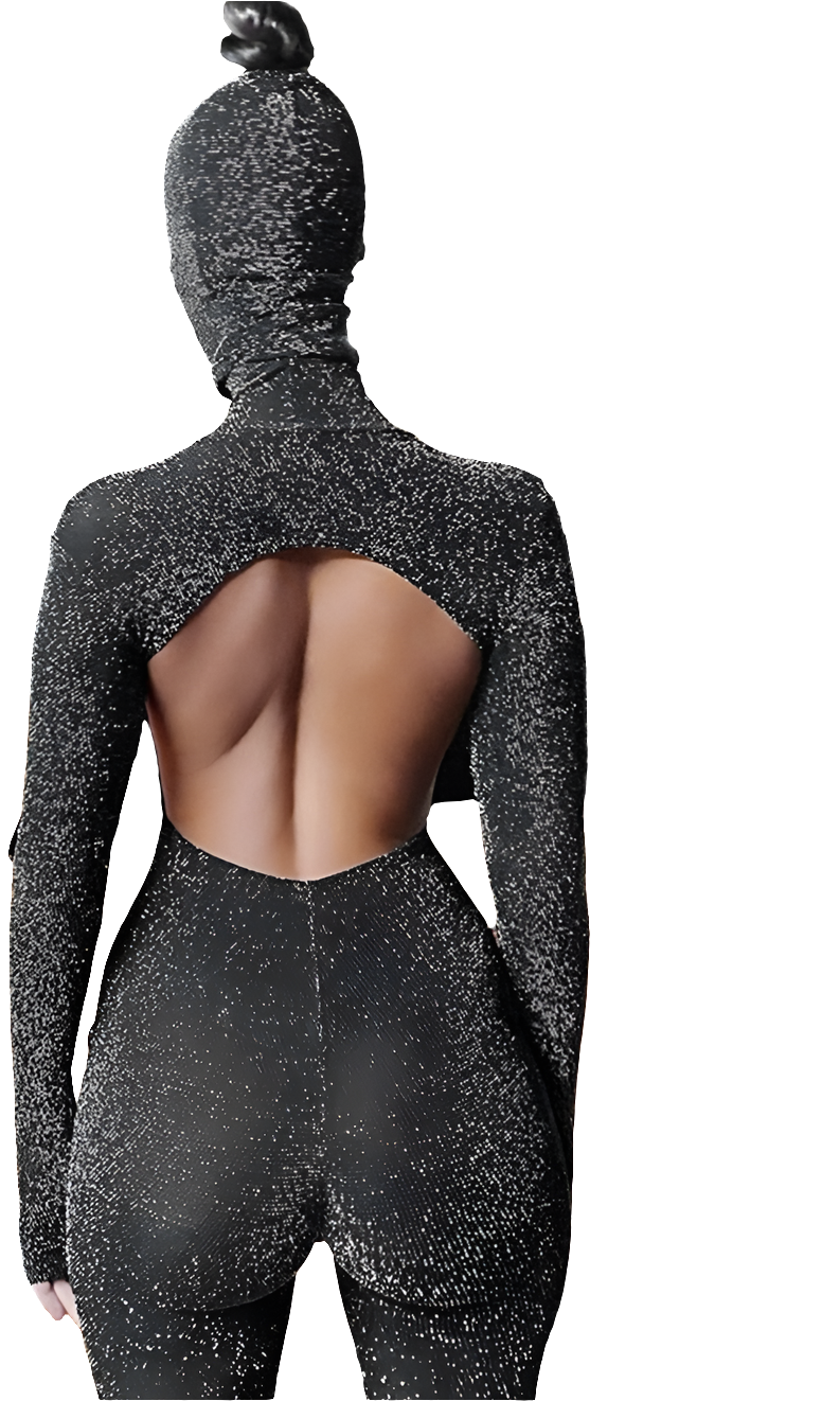 Glitter Sparkling Metallic Mask Black Transparent Long Sleeve Backless Bodycon Jumpsuit