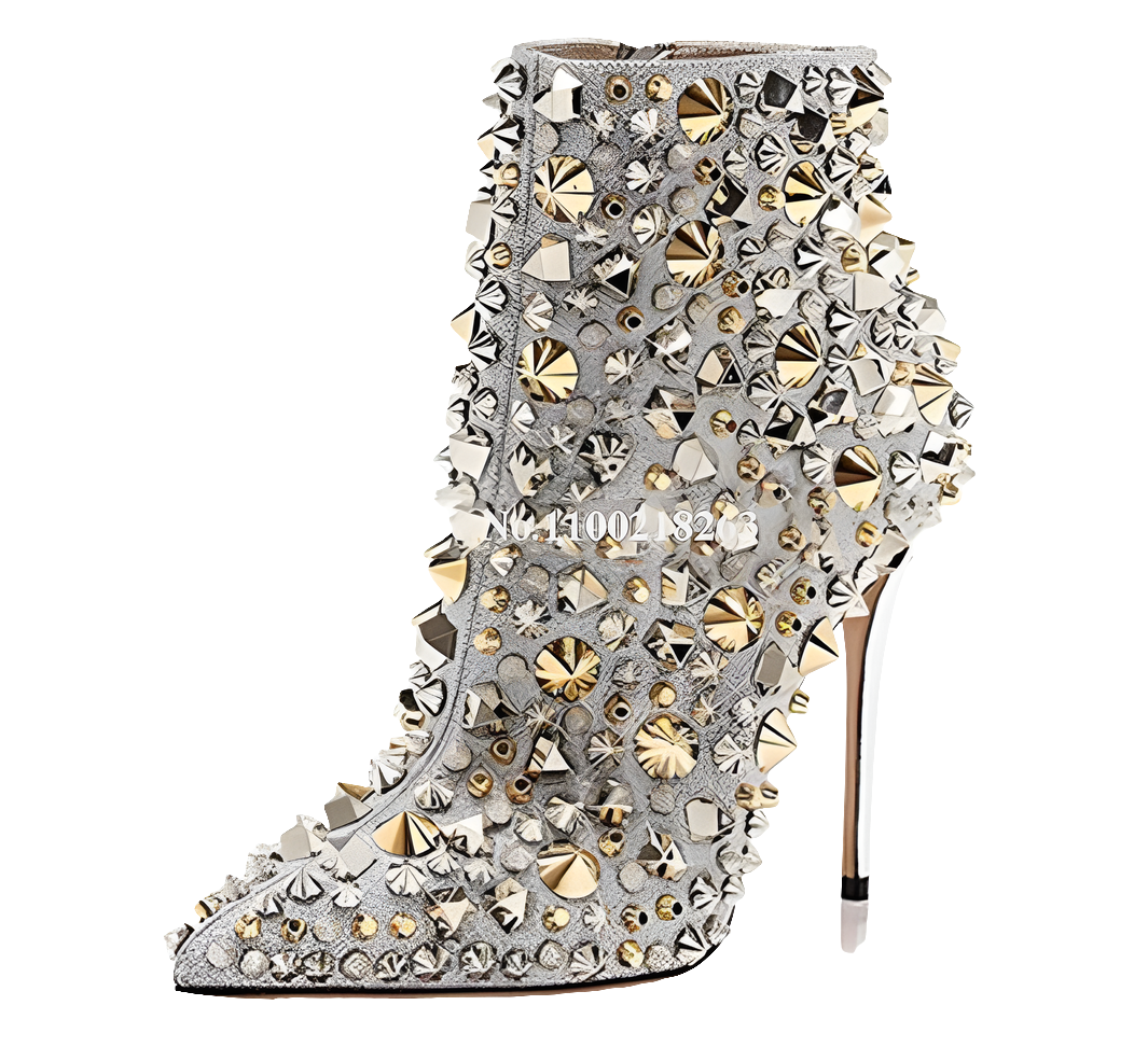 Sparkling Metal Rivet Design Pointed Toe Gold/ Silver/Black Studs Stiletto Heel Women's Ankle Boots