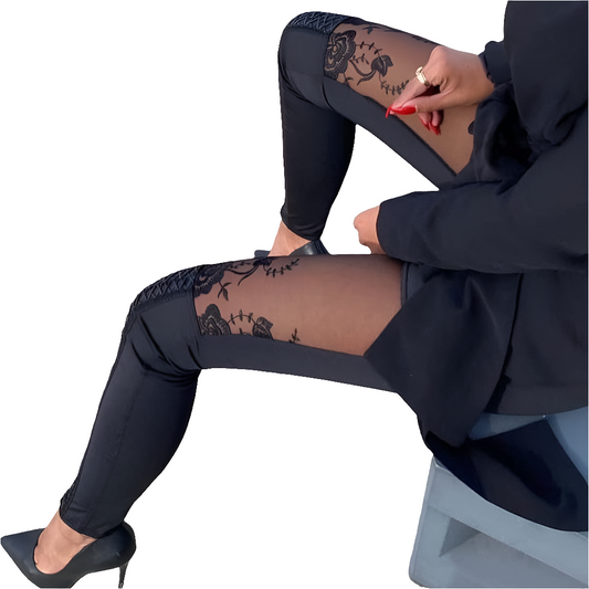 Sheer Black Mesh Lace Embroidered Patchwork Skinny Women's Pencil Pants
