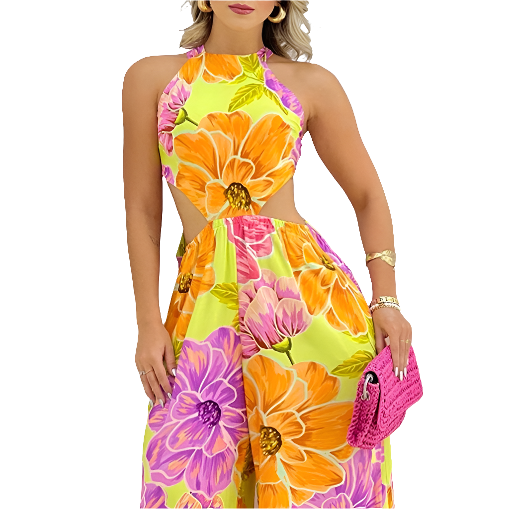 Pastel Flower Print Halter Lace-Up Sleeveless Backless Wide Leg Jumpsuit