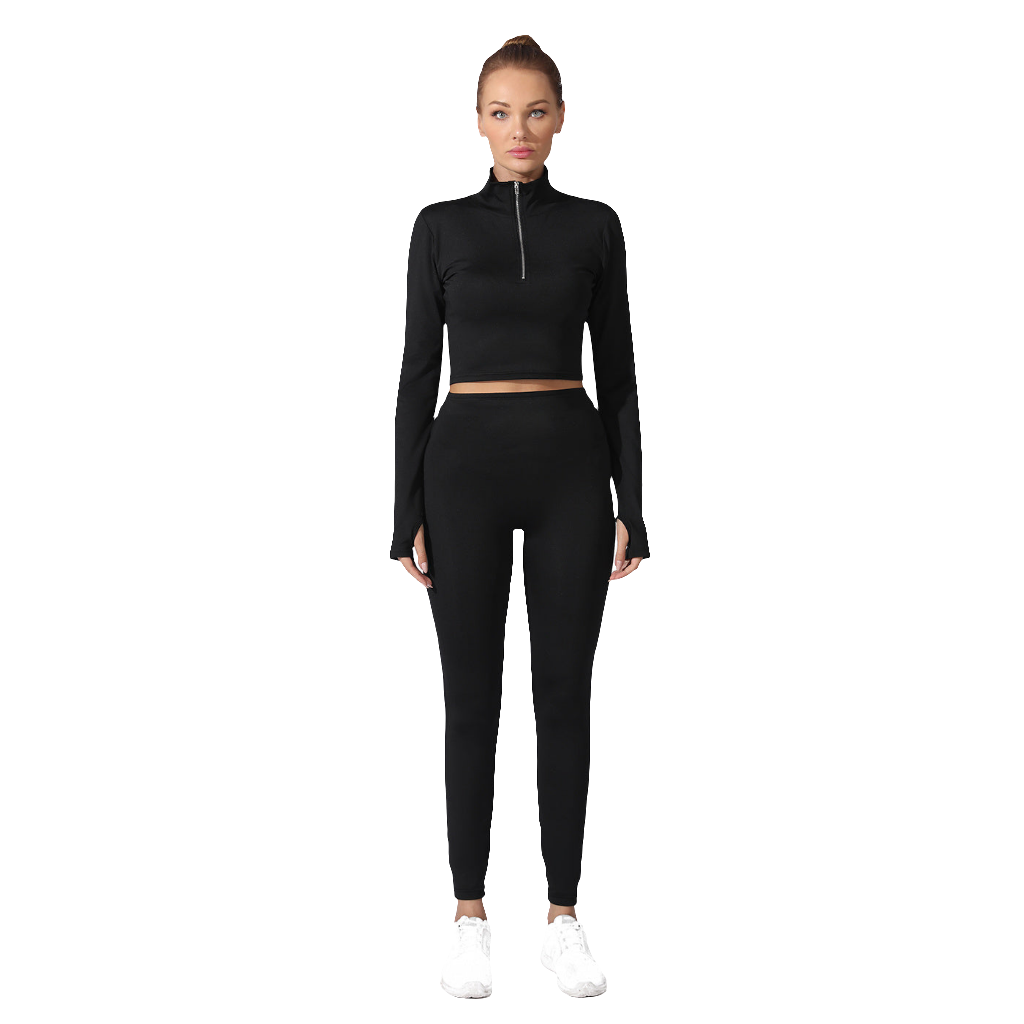 Women's Solid Color Long Sleeve Zipper Pullover Top + Drawstring Leggings Yoga Tracksuit