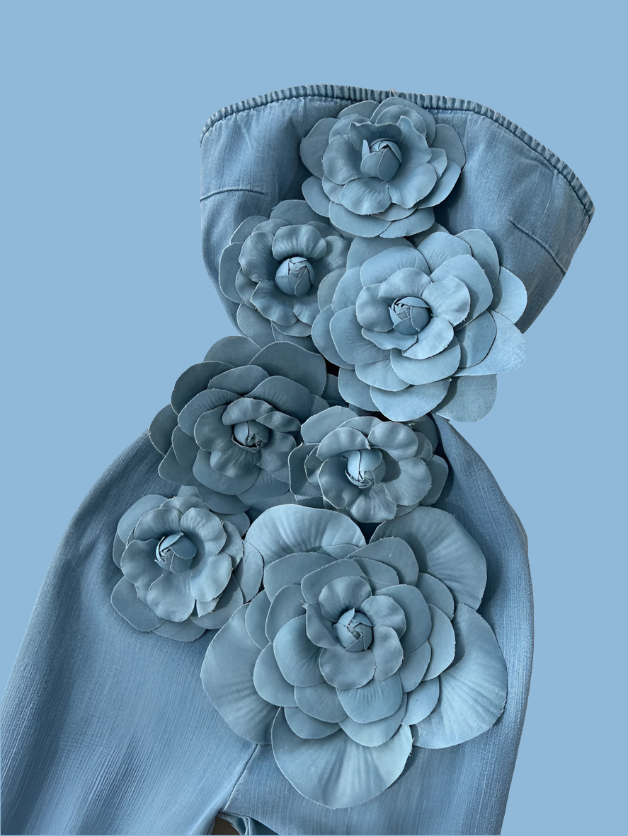Baby Blue Sleeveless Denim 3D Big Flower Embroidered Tube Streetwear Jean Jumpsuit